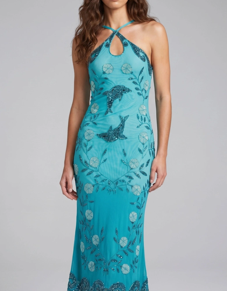 Dolphin Aqua Halterneck Hand Beaded Maxi Dress in Stock