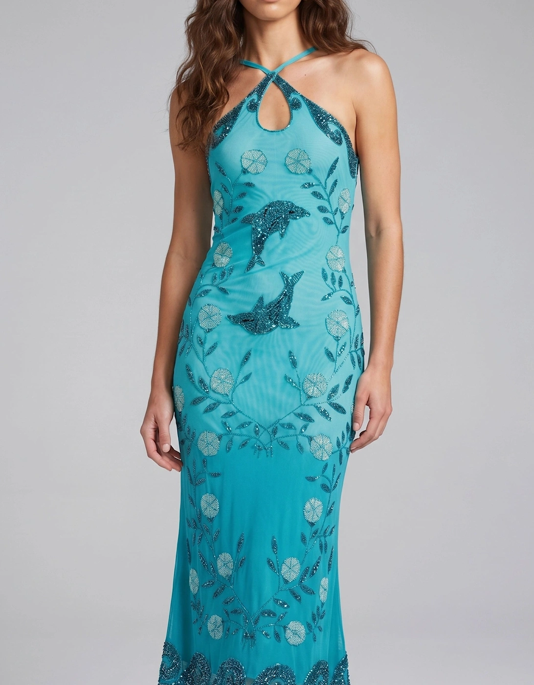Dolphin Aqua Halterneck Hand Beaded Maxi Dress in Stock