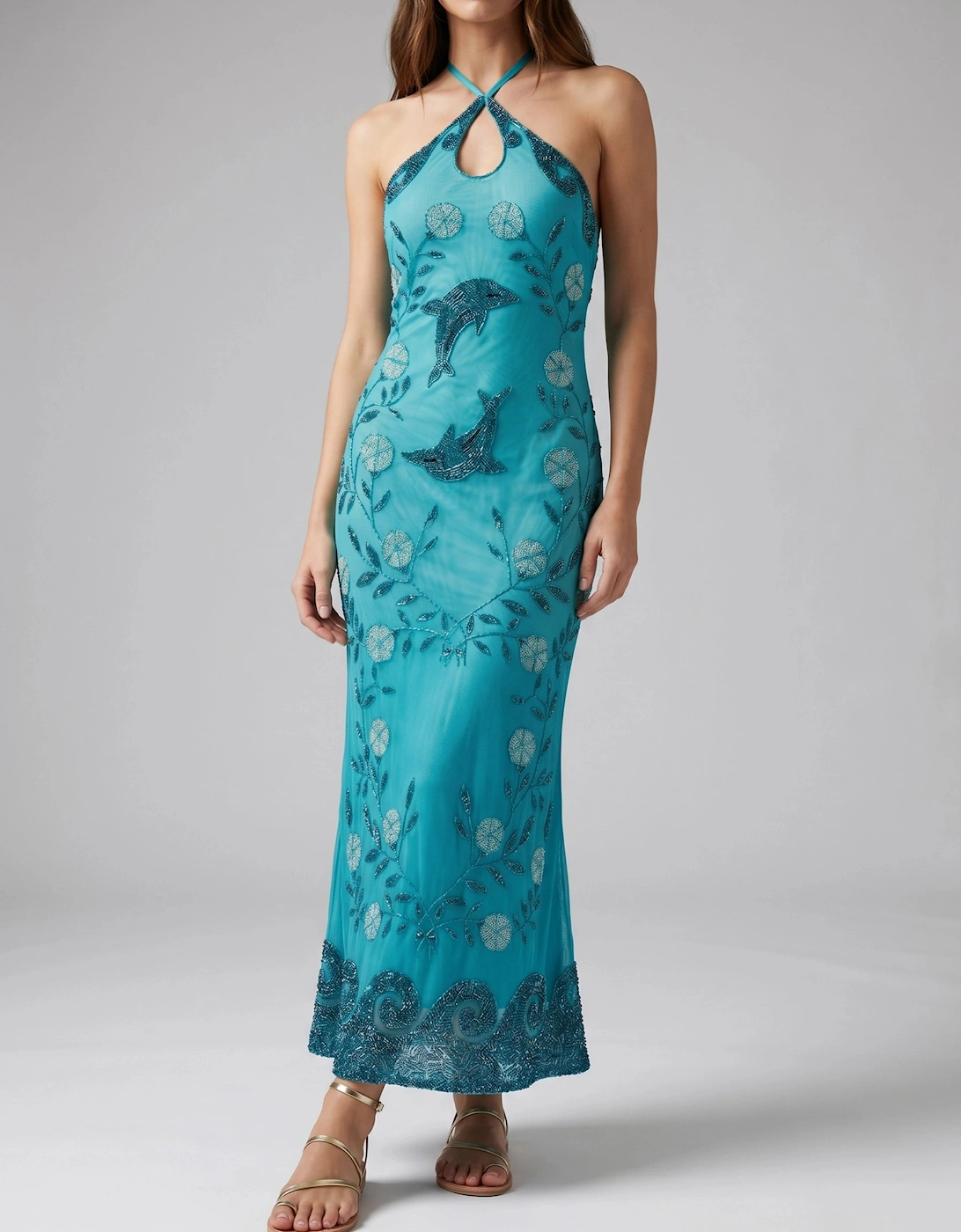 Dolphin Aqua Halterneck Hand Beaded Maxi Dress in Stock