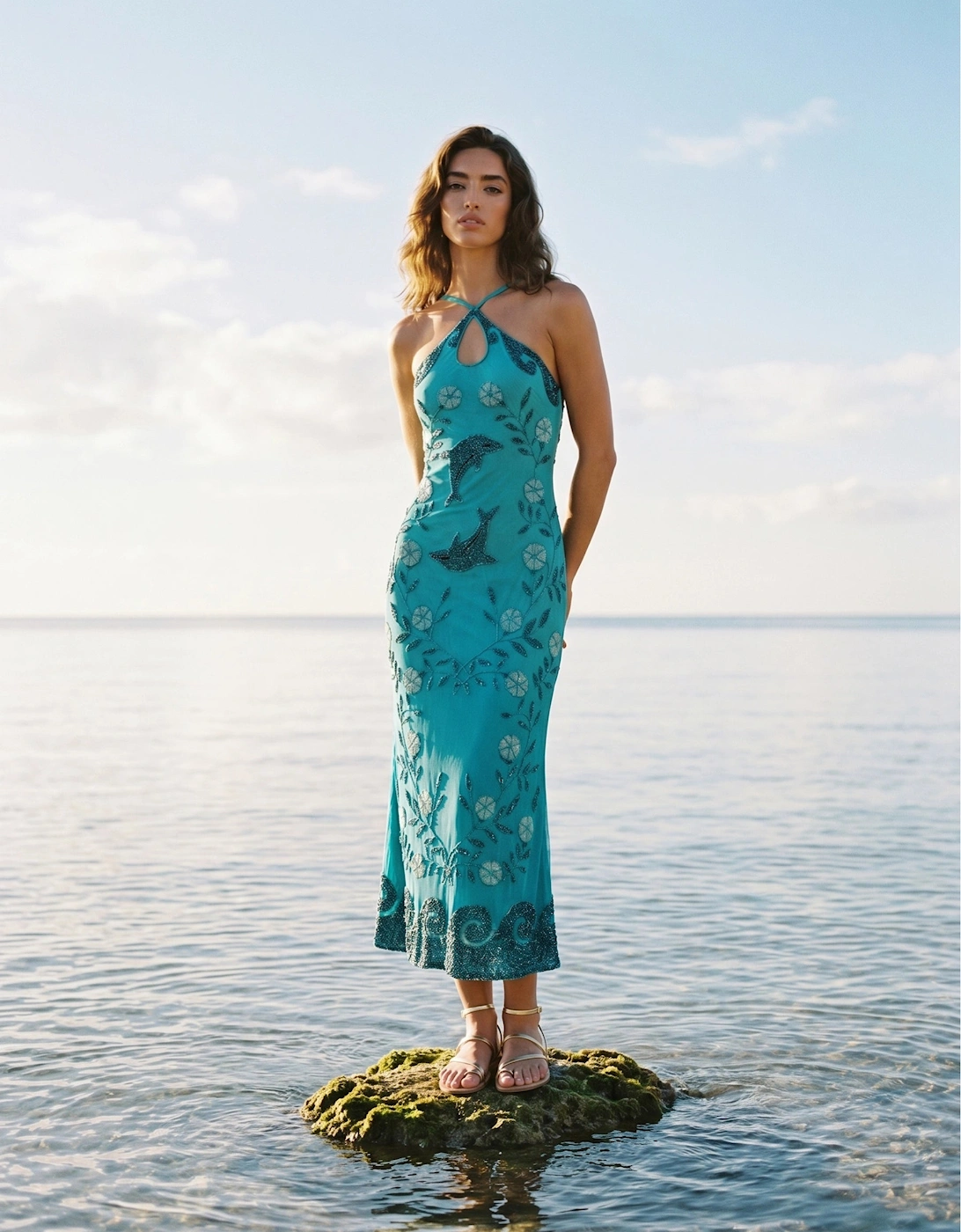 Dolphin Aqua Halterneck Hand Beaded Maxi Dress in Stock
