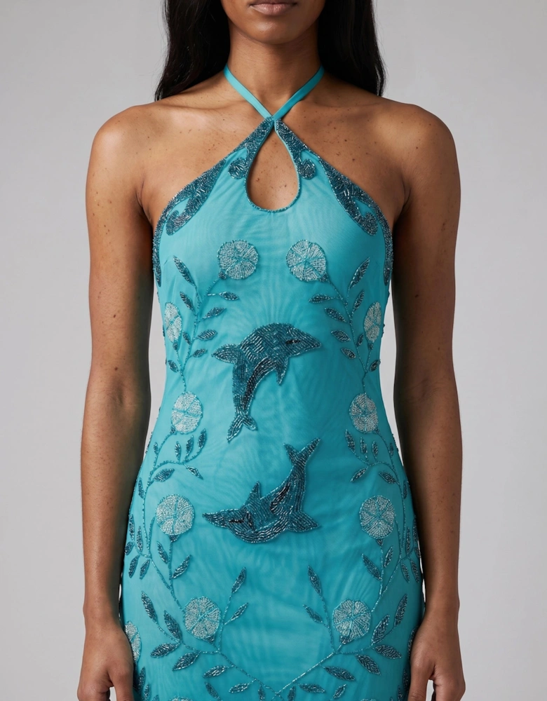 Dolphin Aqua Halterneck Hand Beaded Maxi Dress in Stock