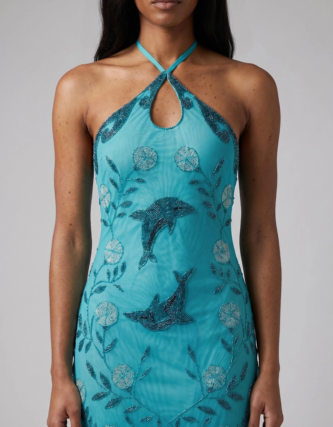 Dolphin Aqua Halterneck Hand Beaded Maxi Dress in Stock