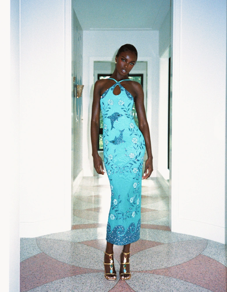 Dolphin Aqua Halterneck Hand Beaded Maxi Dress in Stock