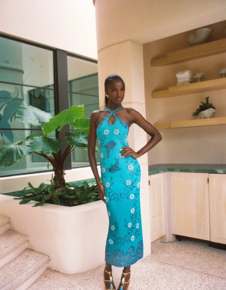 Dolphin Aqua Halterneck Hand Beaded Maxi Dress in Stock