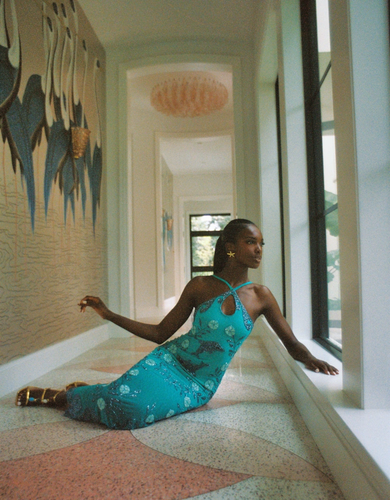 Dolphin Aqua Halterneck Hand Beaded Maxi Dress in Stock