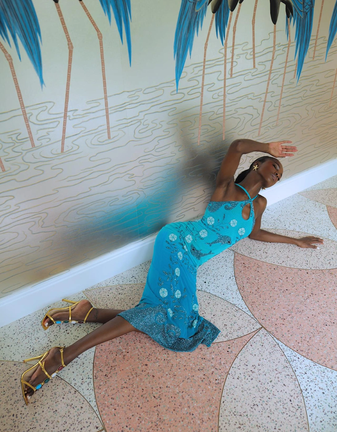 Dolphin Aqua Halterneck Hand Beaded Maxi Dress in Stock