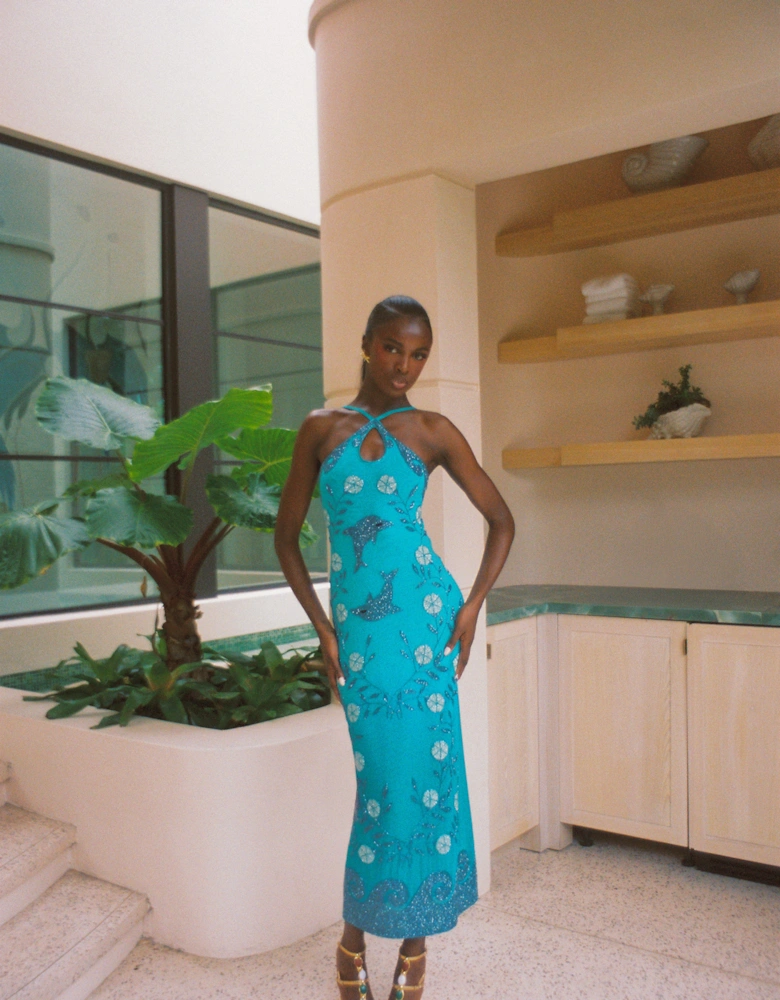 Dolphin Aqua Halterneck Hand Beaded Maxi Dress in Stock