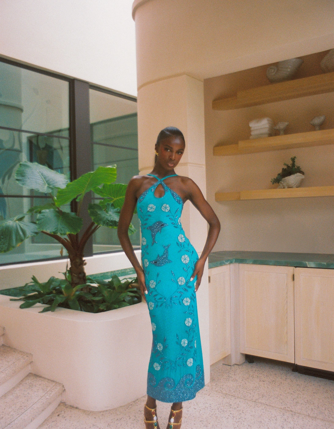 Dolphin Aqua Halterneck Hand Beaded Maxi Dress in Stock