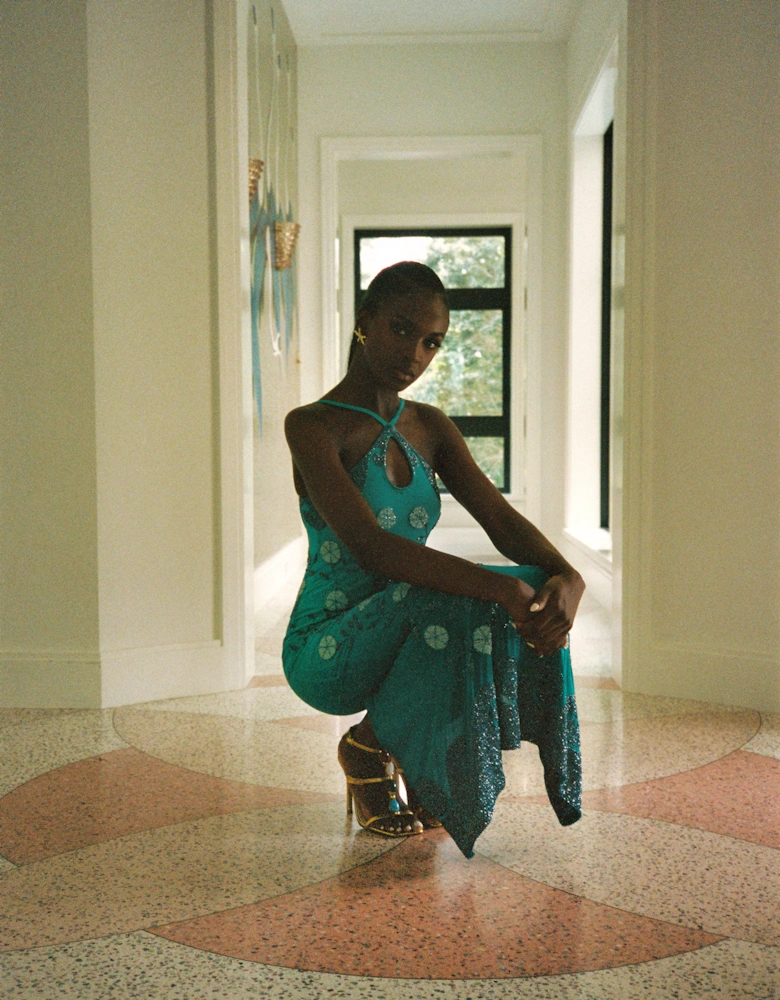 Dolphin Aqua Halterneck Hand Beaded Maxi Dress in Stock