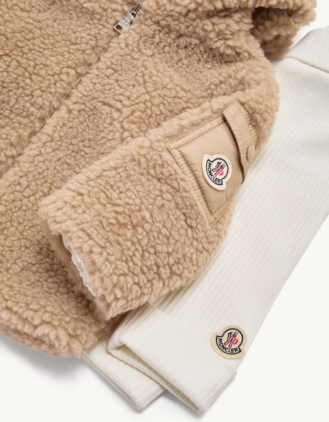 Moncler Enfant Baby Teddy Fleece Zip Up with Pants Set in Beige