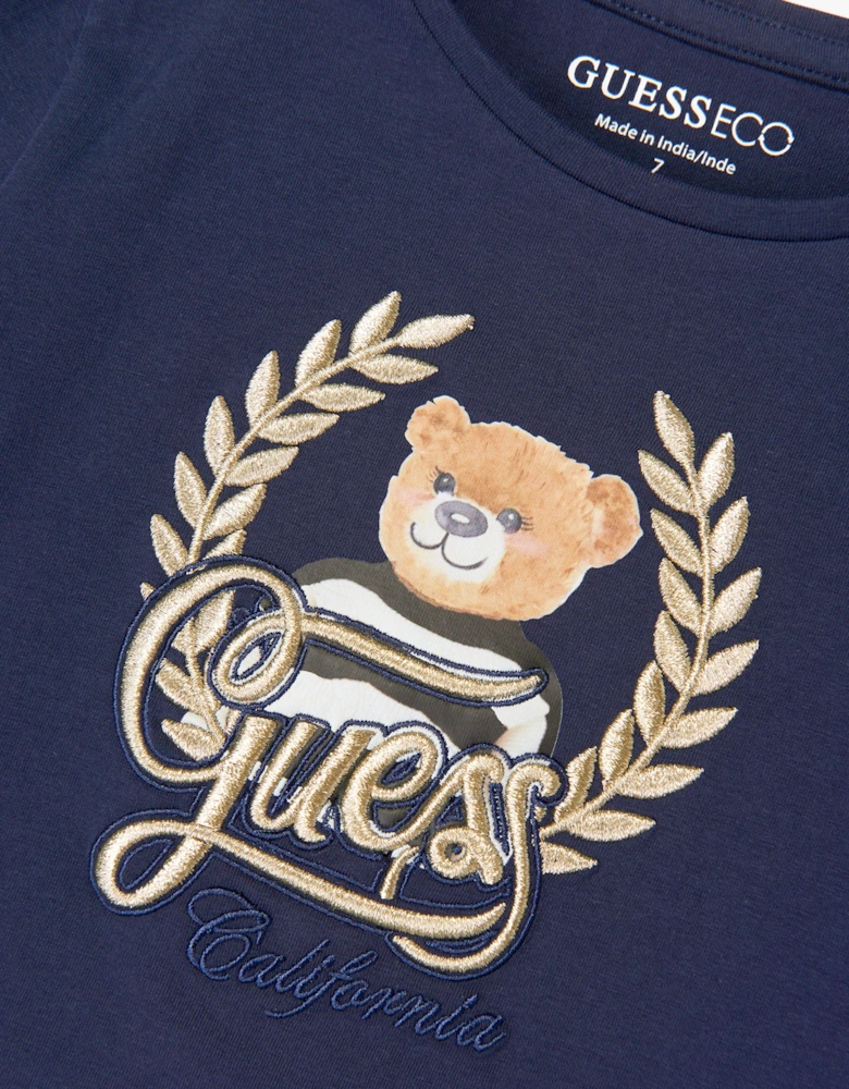 Guess Girls Long Sleeve Teddy Logo T-Shirt in Navy