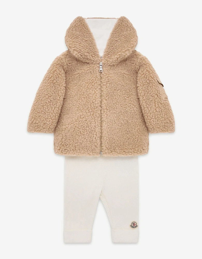 Moncler Enfant Baby Teddy Fleece Zip Up with Pants Set in Beige