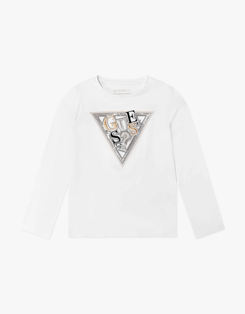 Guess Girls Long Sleeve Logo T-Shirt in White
