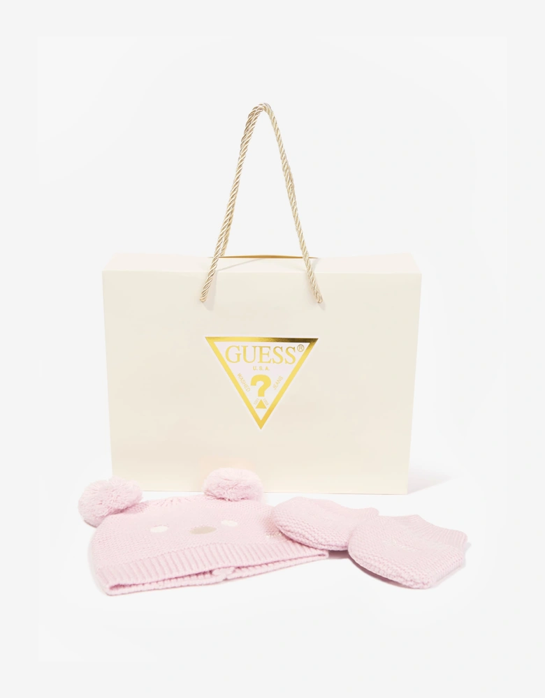 Guess Baby Girls Pom Pom Hat and Mittens Set in Pink