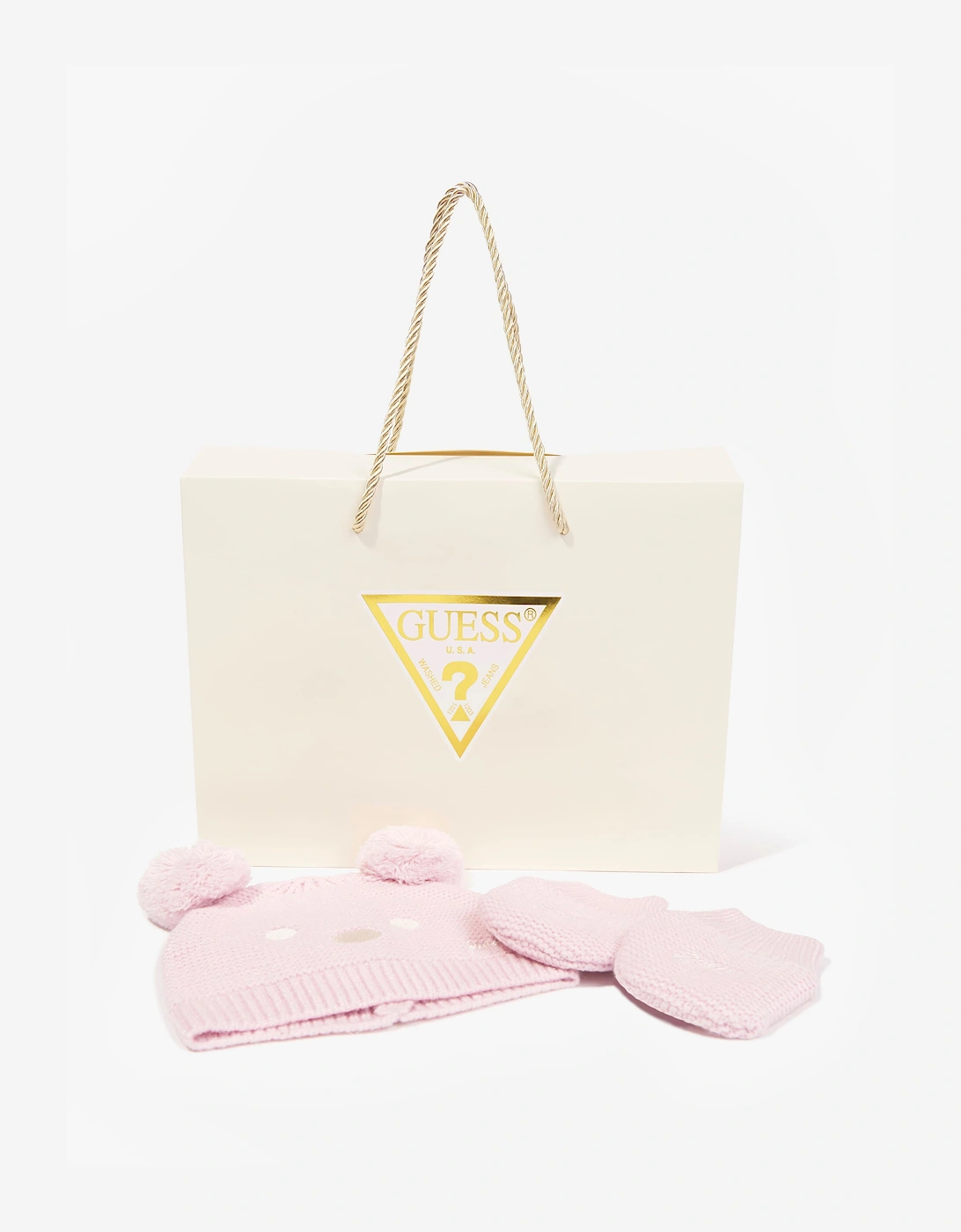 Guess Baby Girls Pom Pom Hat and Mittens Set in Pink