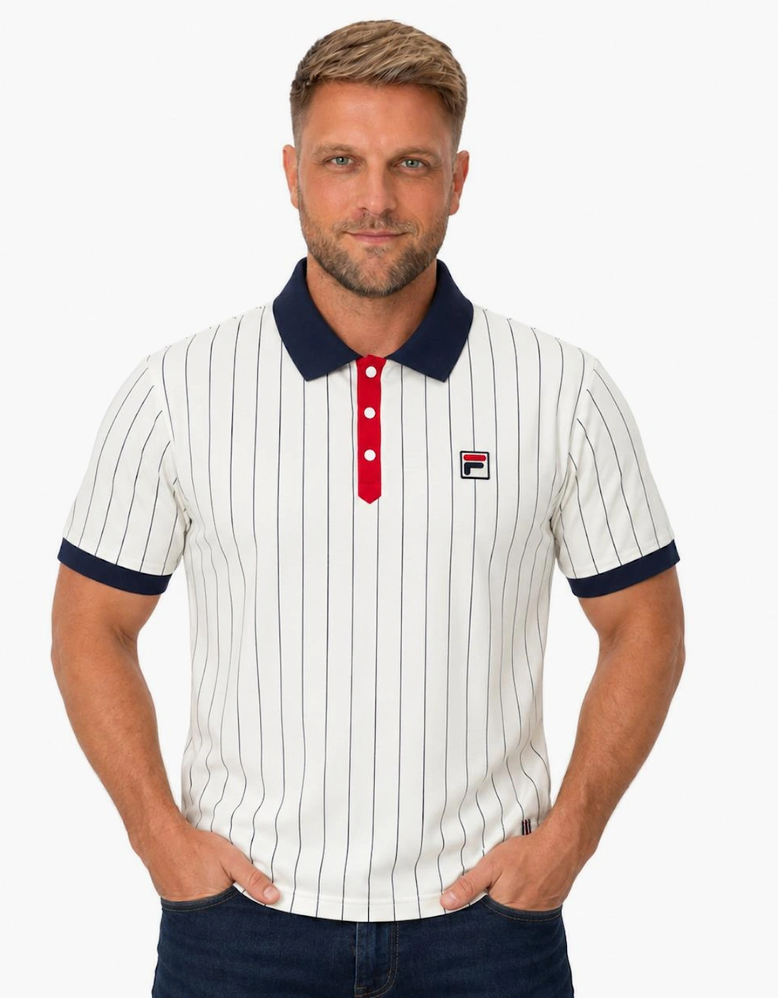 Fila BB1 Classic Striped Polo Shirt White/Navy/Fila Red