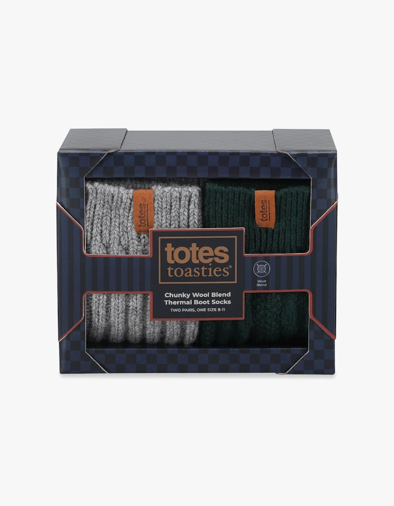Totes Toasties CHUNKY THERMAL WOOL BLEND SLIPPER SOCKS (TWIN PACK) Mens Slipper Socks Grey / Green