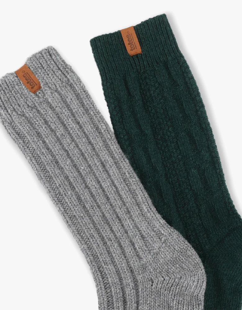 Totes Toasties CHUNKY THERMAL WOOL BLEND SLIPPER SOCKS (TWIN PACK) Mens Slipper Socks Grey / Green