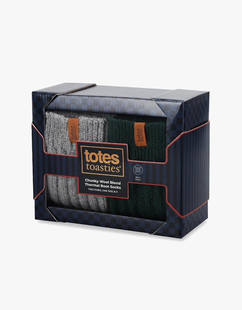 Totes Toasties CHUNKY THERMAL WOOL BLEND SLIPPER SOCKS (TWIN PACK) Mens Slipper Socks Grey / Green