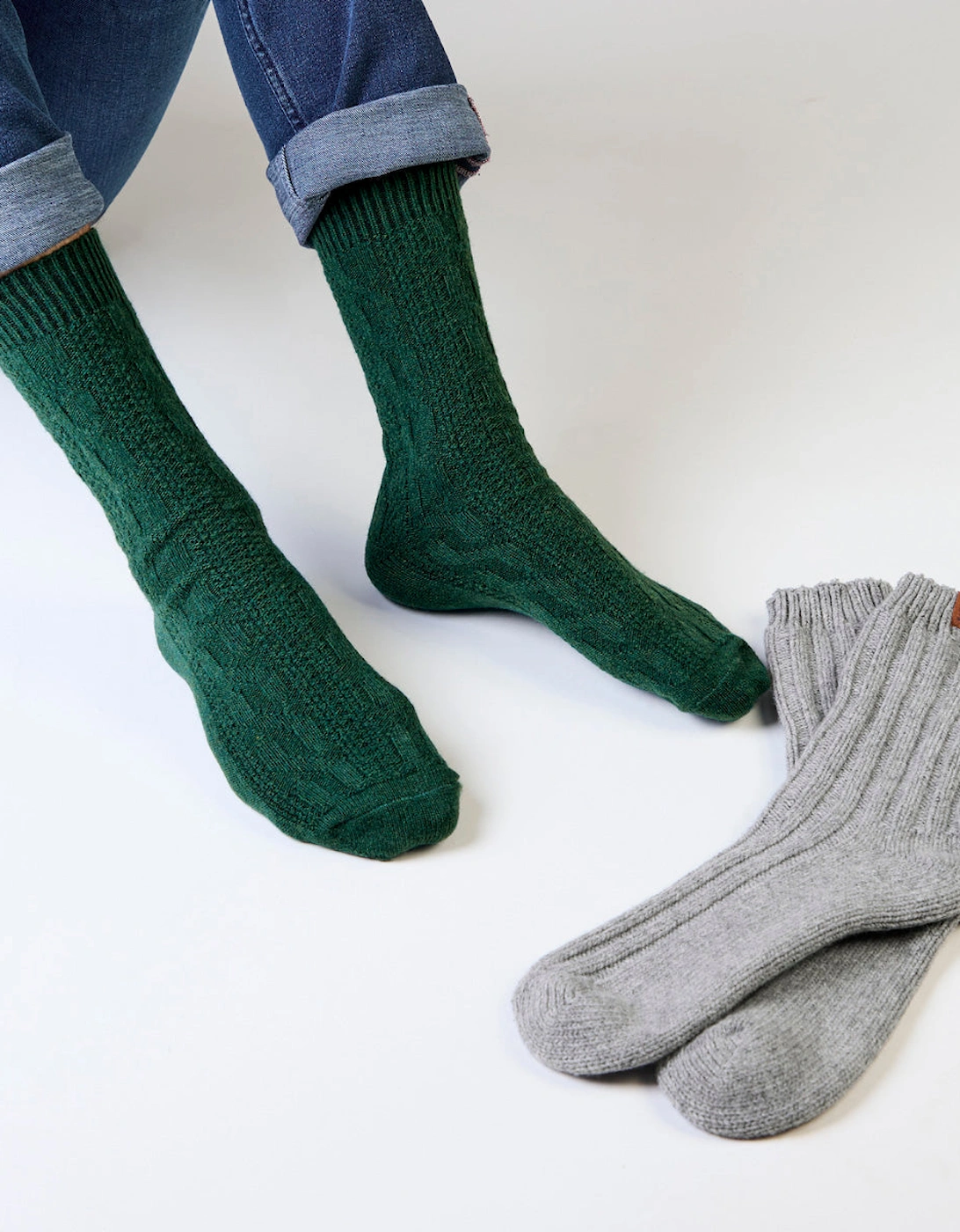 Totes Toasties CHUNKY THERMAL WOOL BLEND SLIPPER SOCKS (TWIN PACK) Mens Slipper Socks Grey / Green