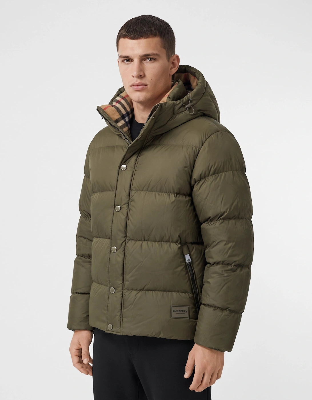 Burberry 'Halsby' Hooded Check Down Jacket Khaki
