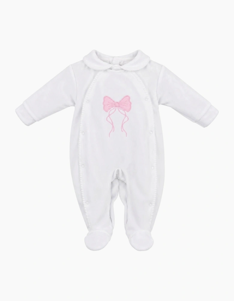 Girls White Velour Bow Babygrow