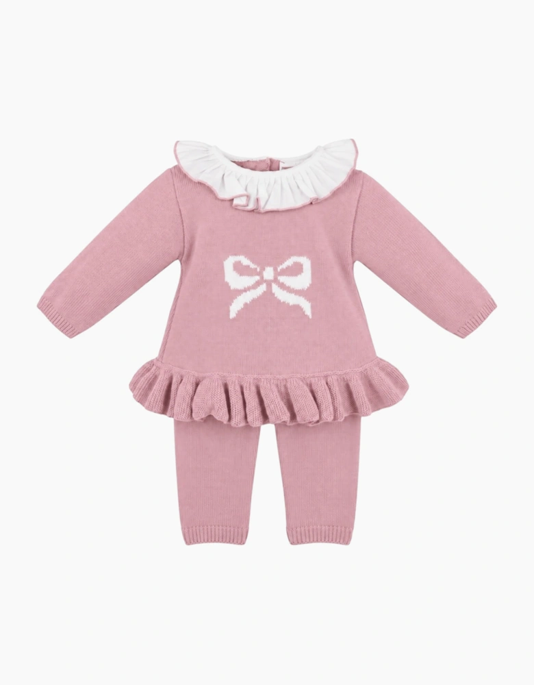 Girls Dusty Pink Knit Bow Pant Set