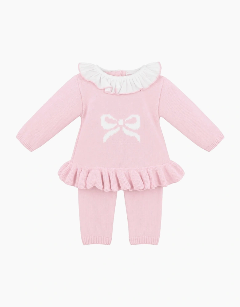 Girls Pale Pink Knit Bow Pant Set