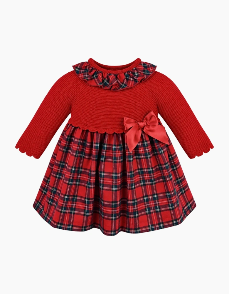 Girls Red Knit Tartan Dress