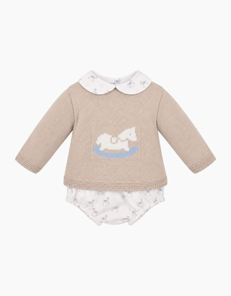 Boys Beige Knit Rocking Horse Jam Pant Set