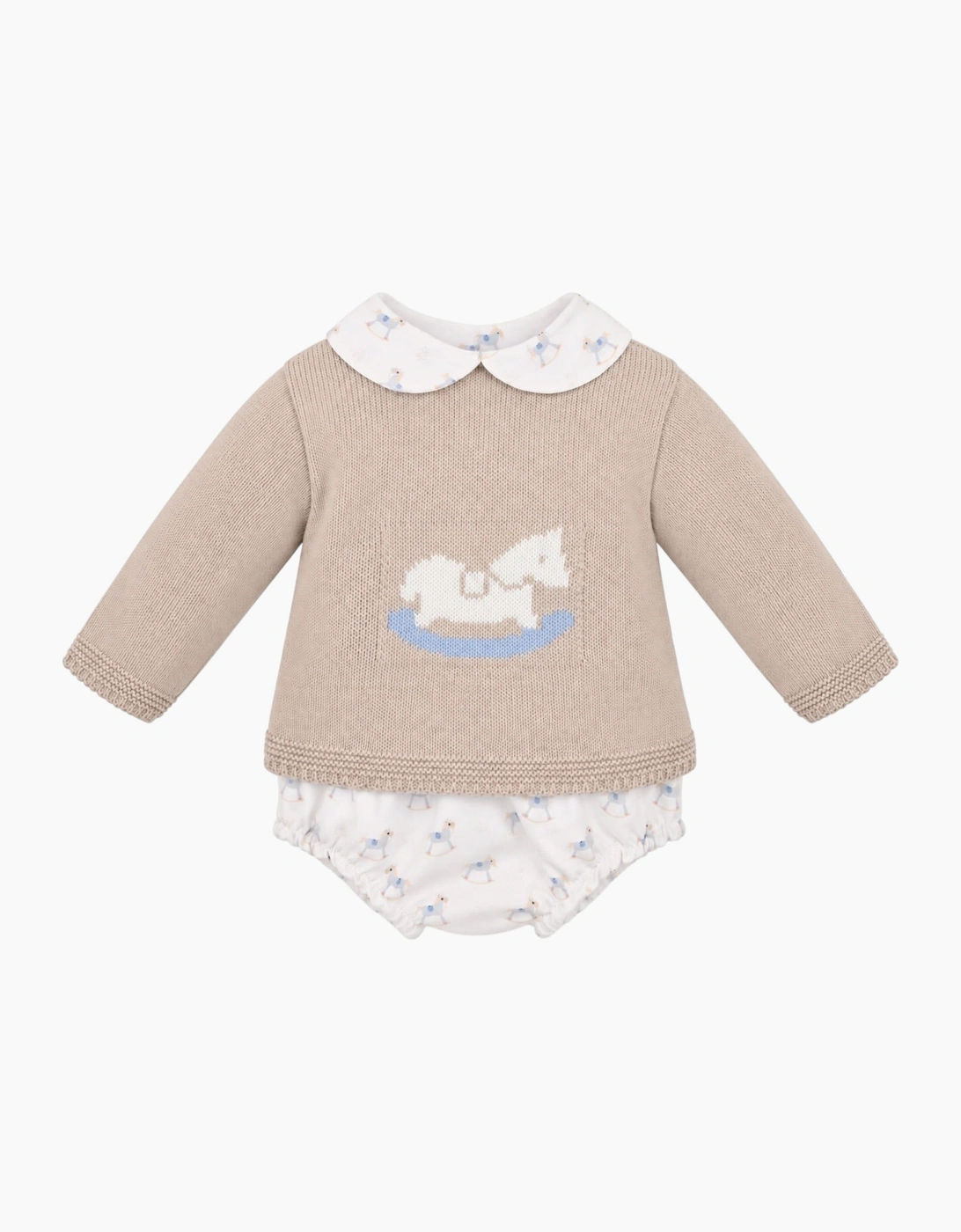 Boys Beige Knit Rocking Horse Jam Pant Set