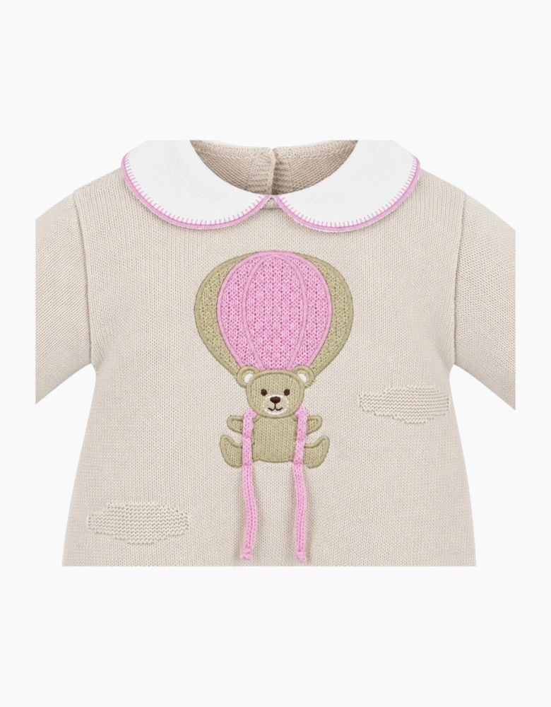 Girls Beige Pink Bear Knit Babygrow