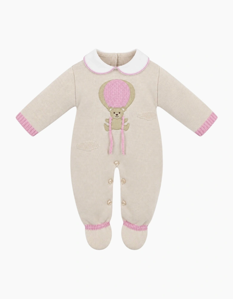 Girls Beige Pink Bear Knit Babygrow