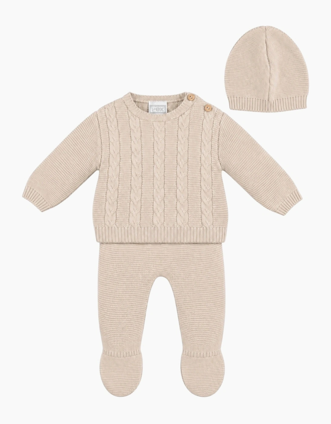 Boys Beige Cable Knit Pant Set with Hat