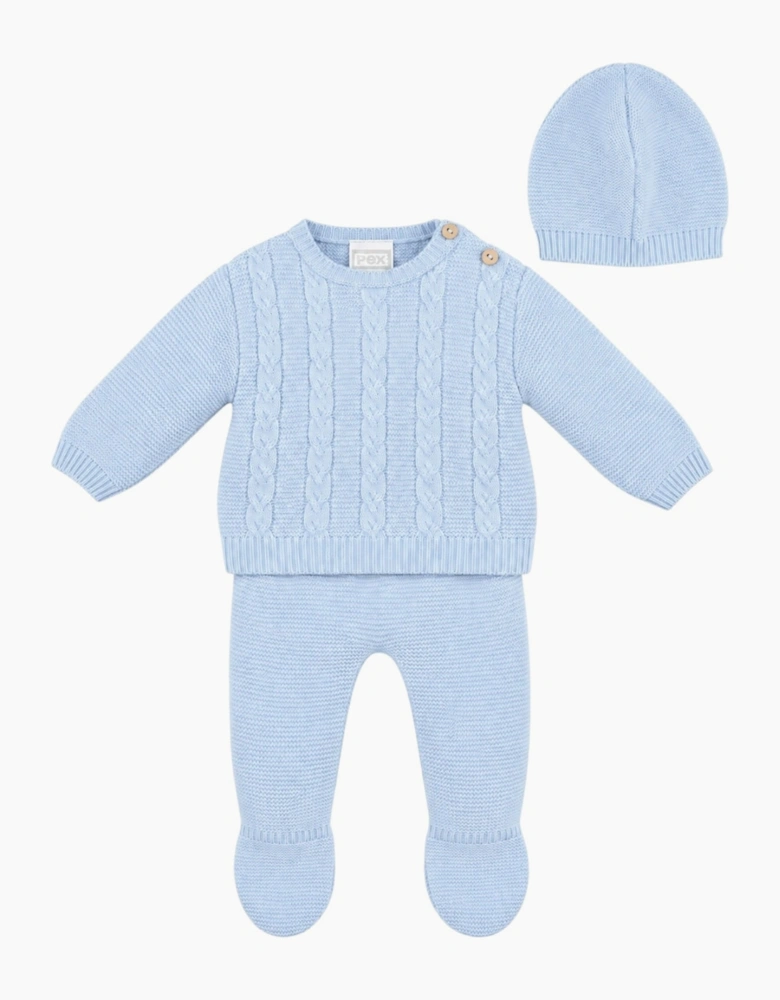 Boys Pale Blue Cable Knit Pant Set with Hat