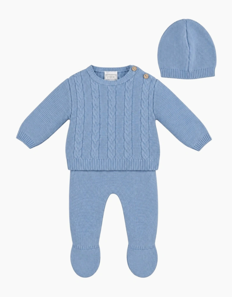Boys Blue Cable Knit Pant Set with Hat