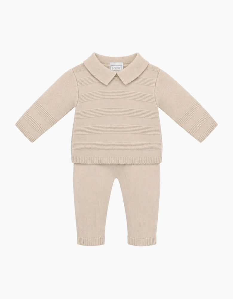 Boys Beige Knit Polo Pant Set