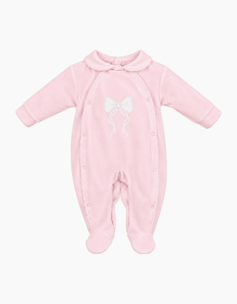 Girls Pale Pink Velour Bow Babygrow