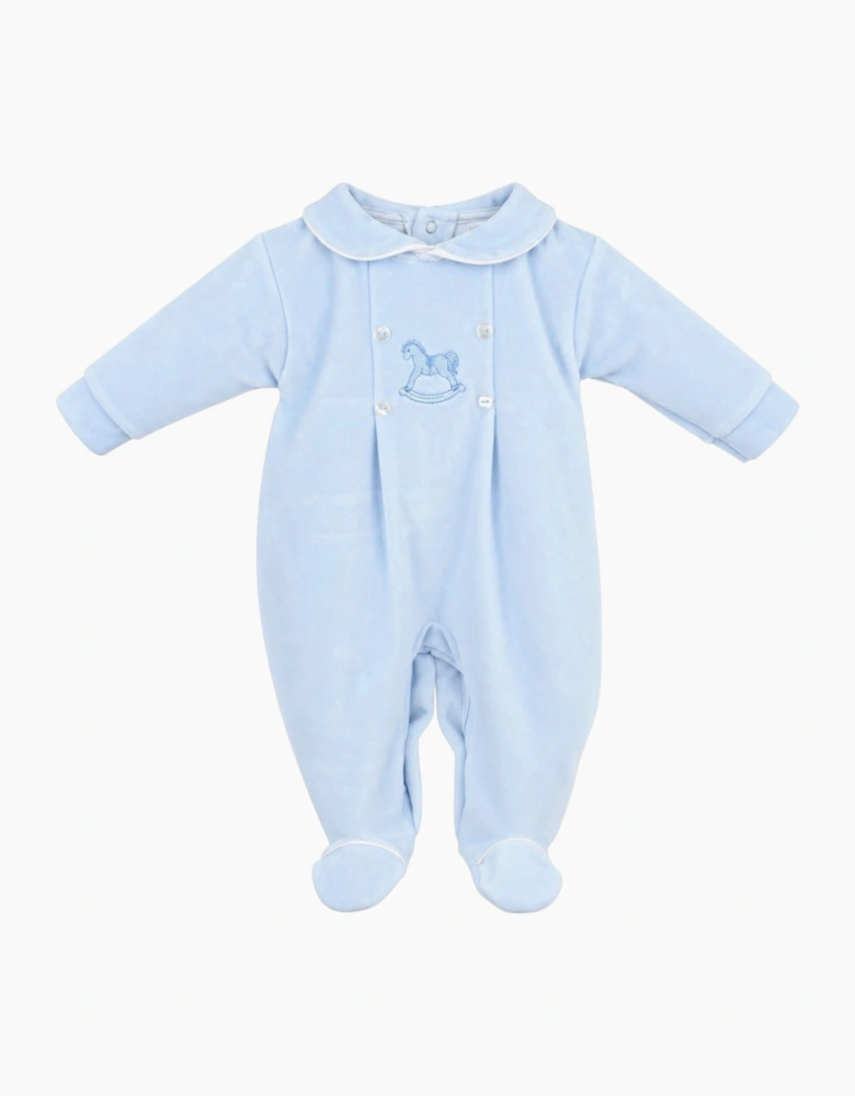 Boys Pale Blue Velour Rocking Horse Babygrow
