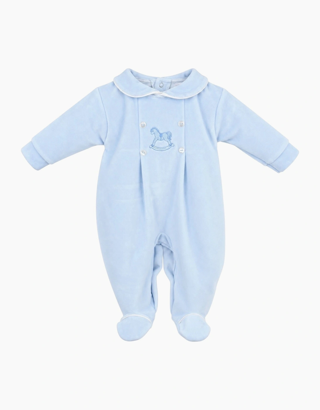 Boys Pale Blue Velour Rocking Horse Babygrow