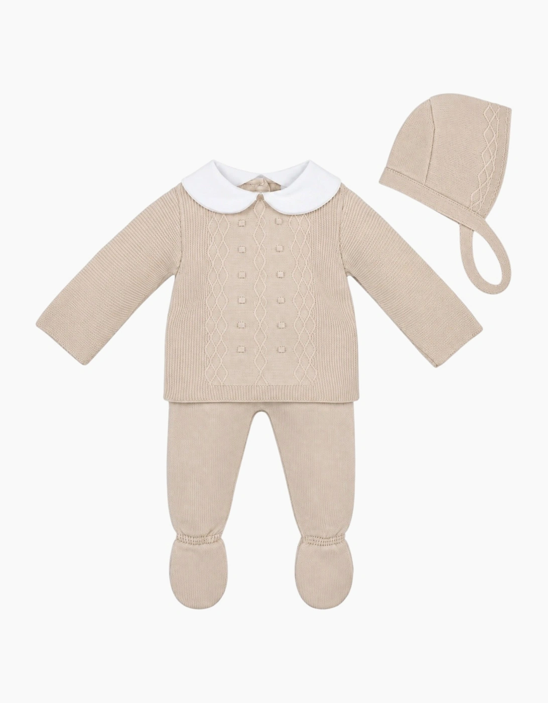 Boys Beige Knit Pant Set with Bonnet