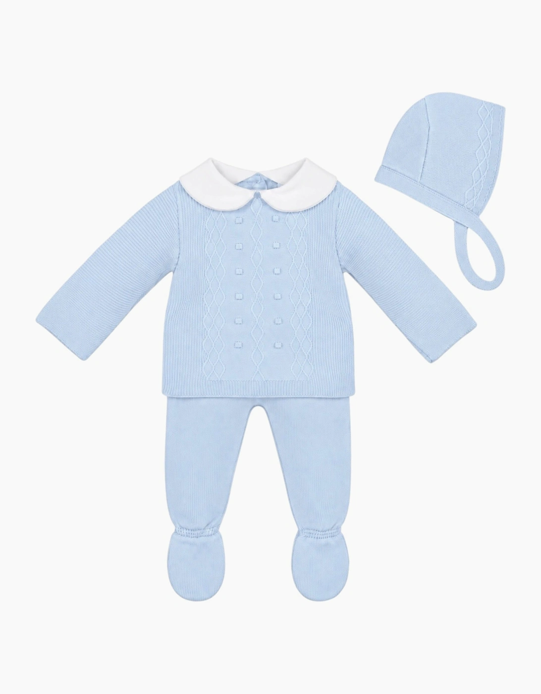 Boys Pale Blue Knit Pant Set with Bonnet