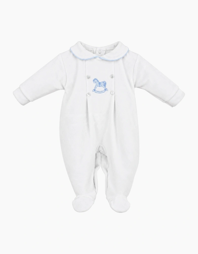Boys White Velour Rocking Horse Babygrow