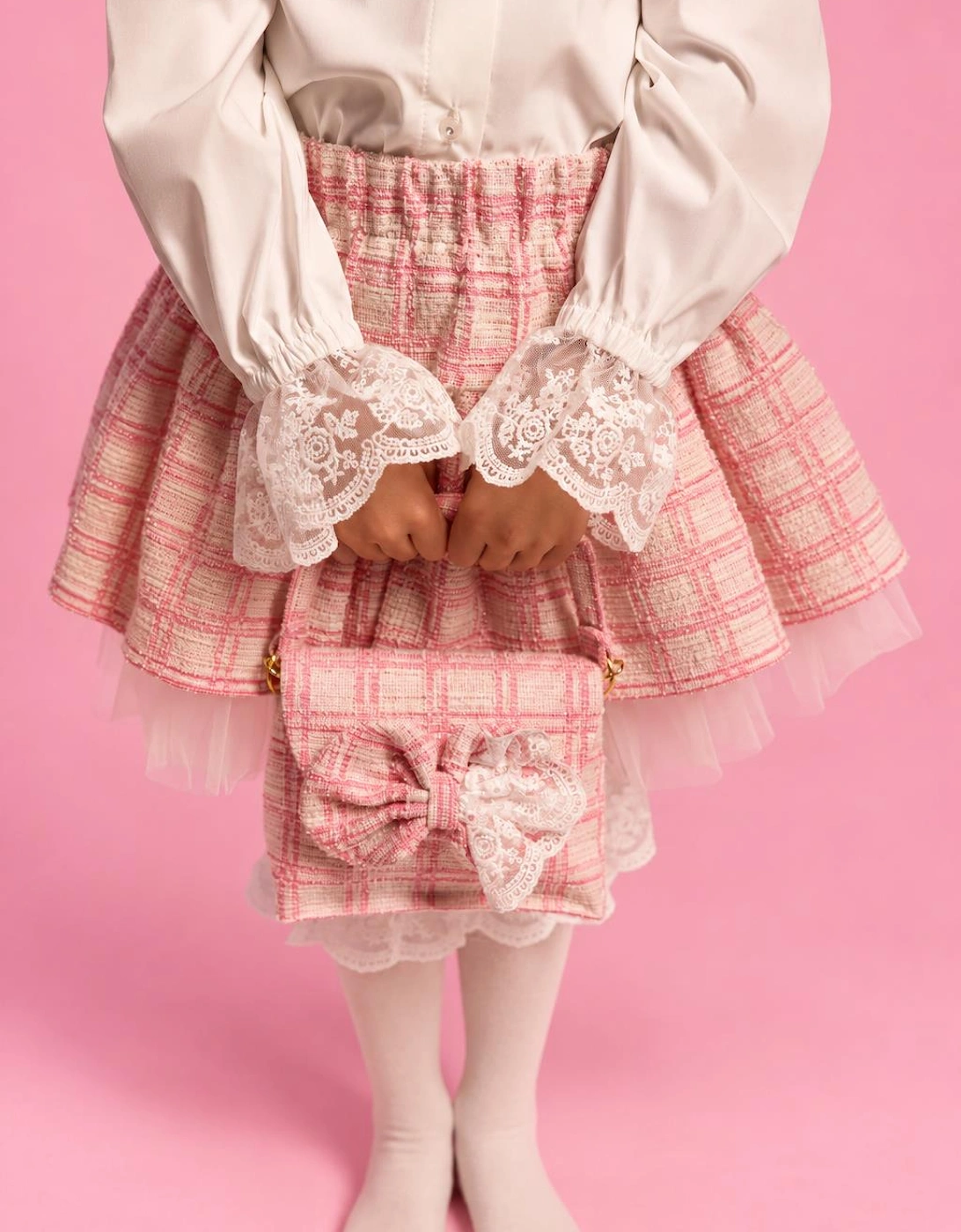 Girls Peach Pink Tweed Skirt Set