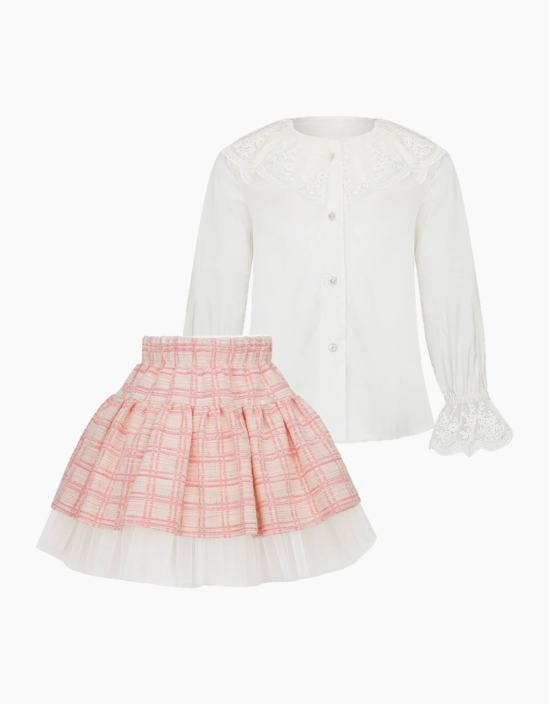 Girls Peach Pink Tweed Skirt Set
