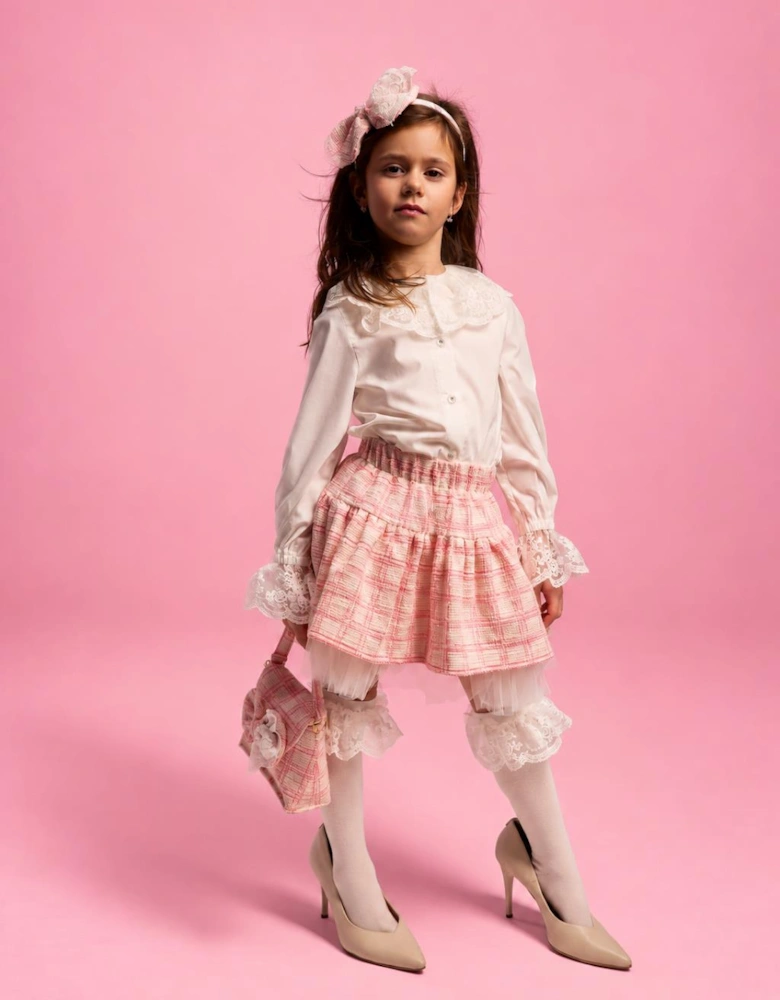 Girls Peach Pink Tweed Skirt Set
