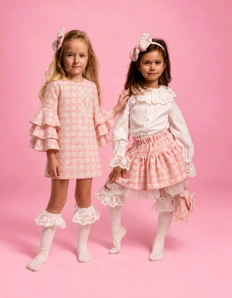 Girls Peach Pink Tweed Skirt Set
