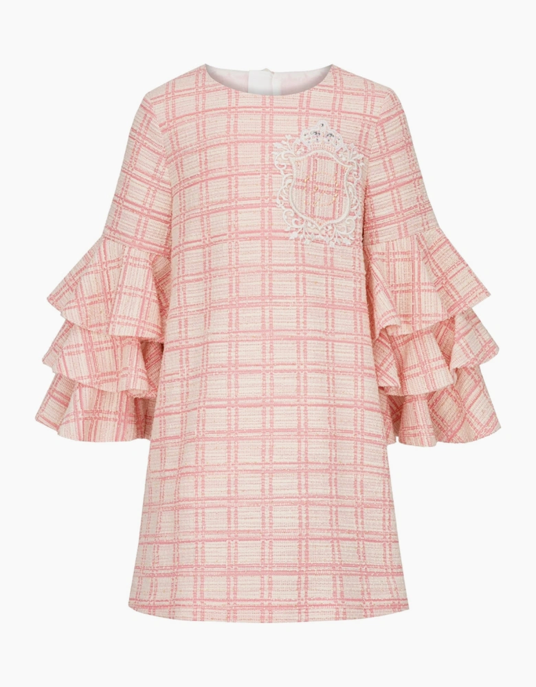Girls Peach Pink Tweed Frill Sleeve Dress
