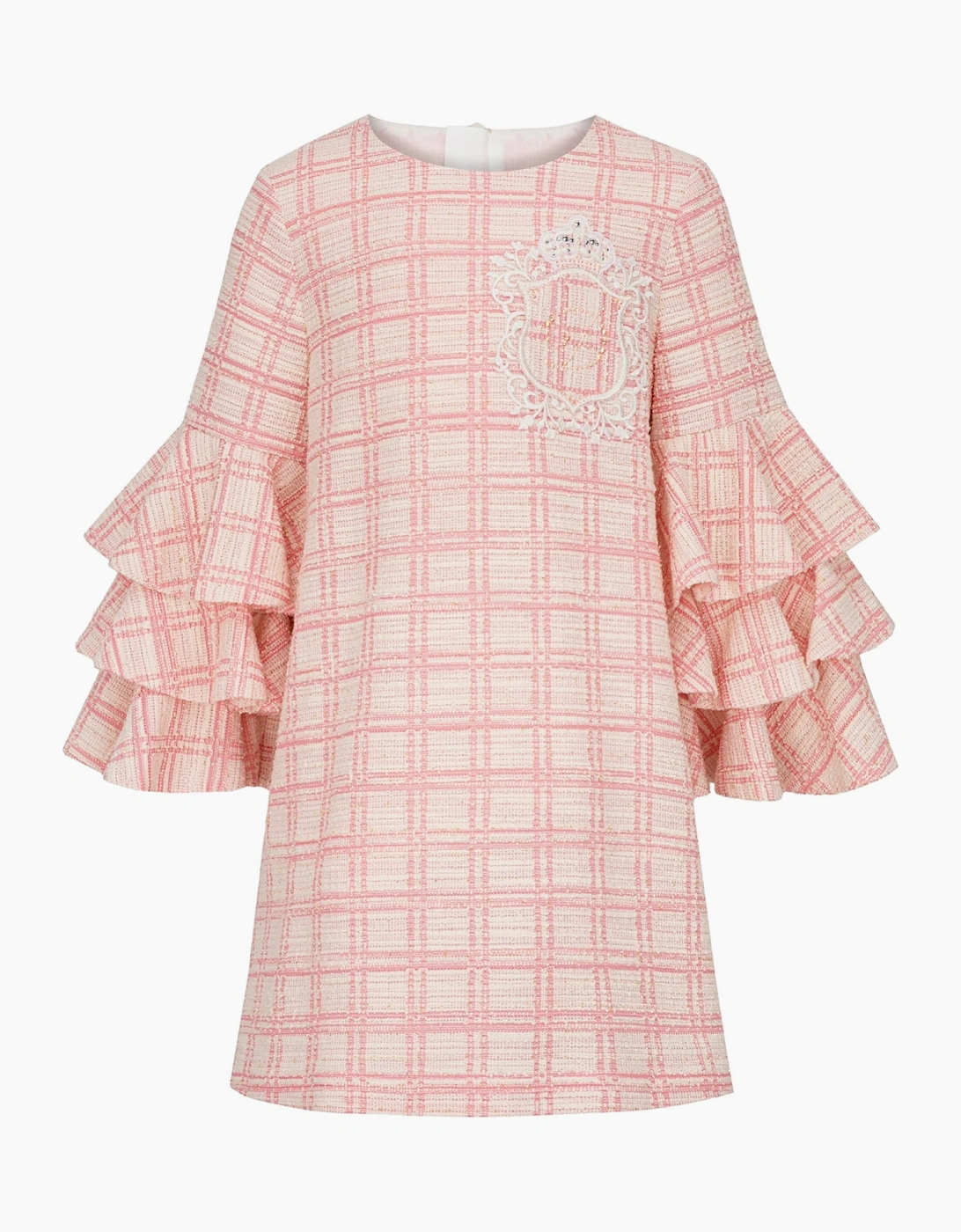 Girls Peach Pink Tweed Frill Sleeve Dress