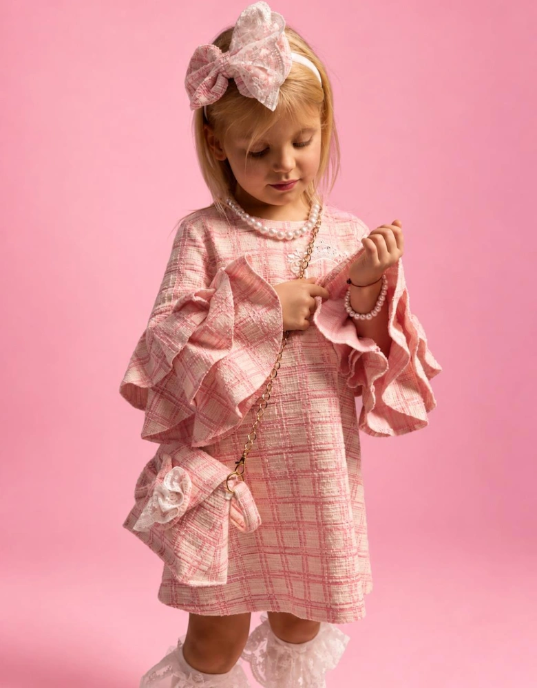Girls Peach Pink Tweed Frill Sleeve Dress